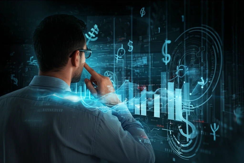 Surreal digital illustration of a trader analyzing a Monte Carlo simulation graph.