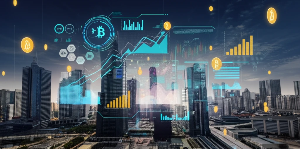 Surreal crypto cityscape with real-time data stream and risk management dashboard.