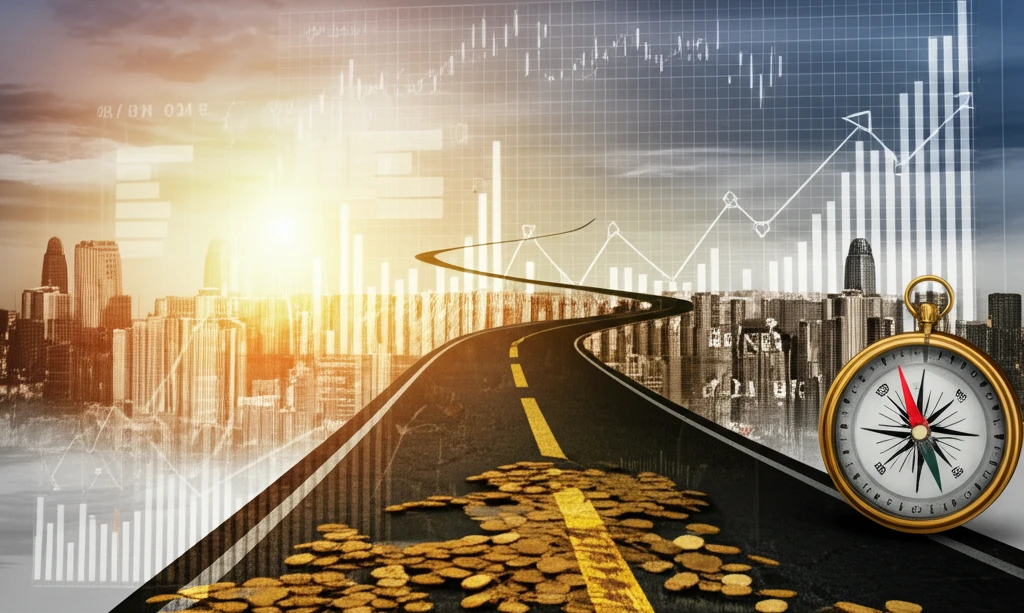 A winding road of gold coins leads to a city of glowing financial charts.