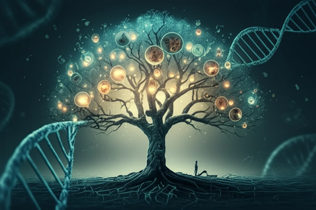 Surreal illustration of an allergy tree with glowing leaves and DNA roots.