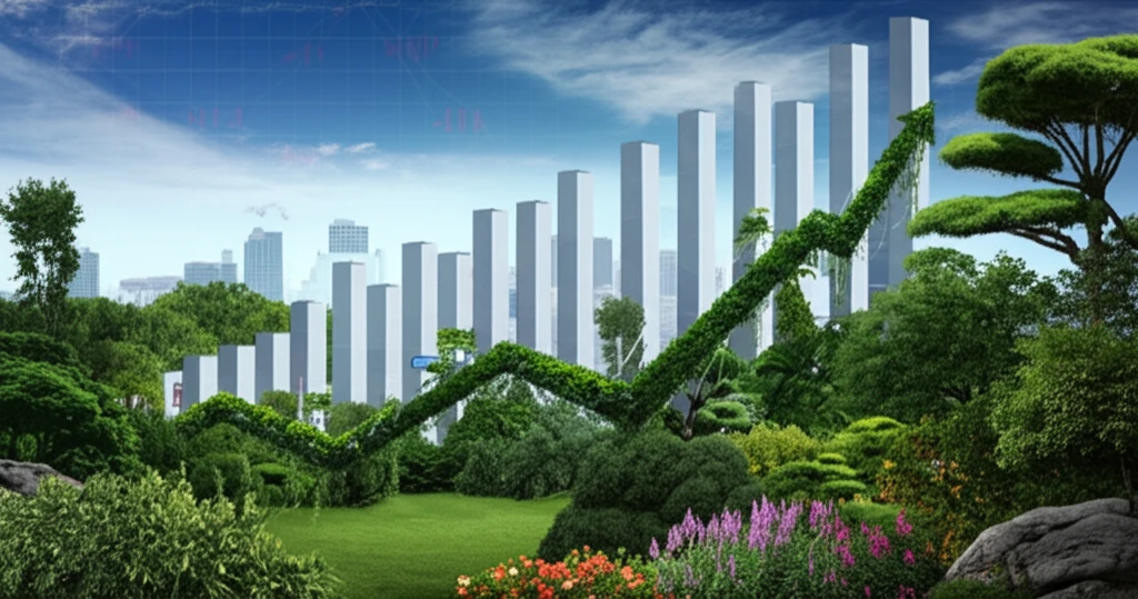 Sparse portfolio management concept: a thriving minimalist garden growing from a stock market graph.