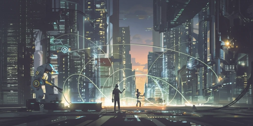 Futuristic cityscape powered by AI networks, symbolizing AI-driven economic growth.