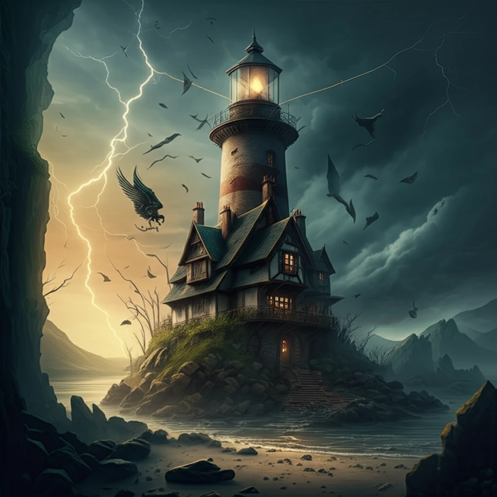 A lighthouse protecting financial markets from a storm, symbolizing stability through Radner Equilibrium.