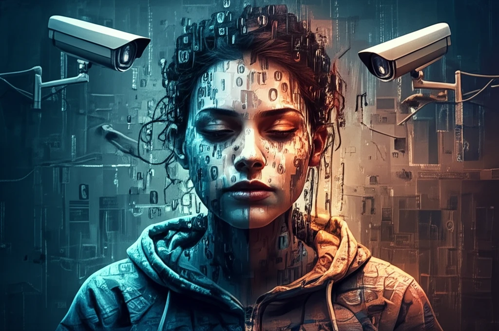 Surreal illustration of face dissolving into binary code, symbolizing lost identity.