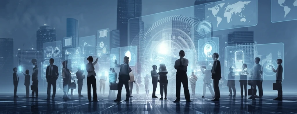 Diverse group of people casting digital votes on holographic interface against a city skyline.