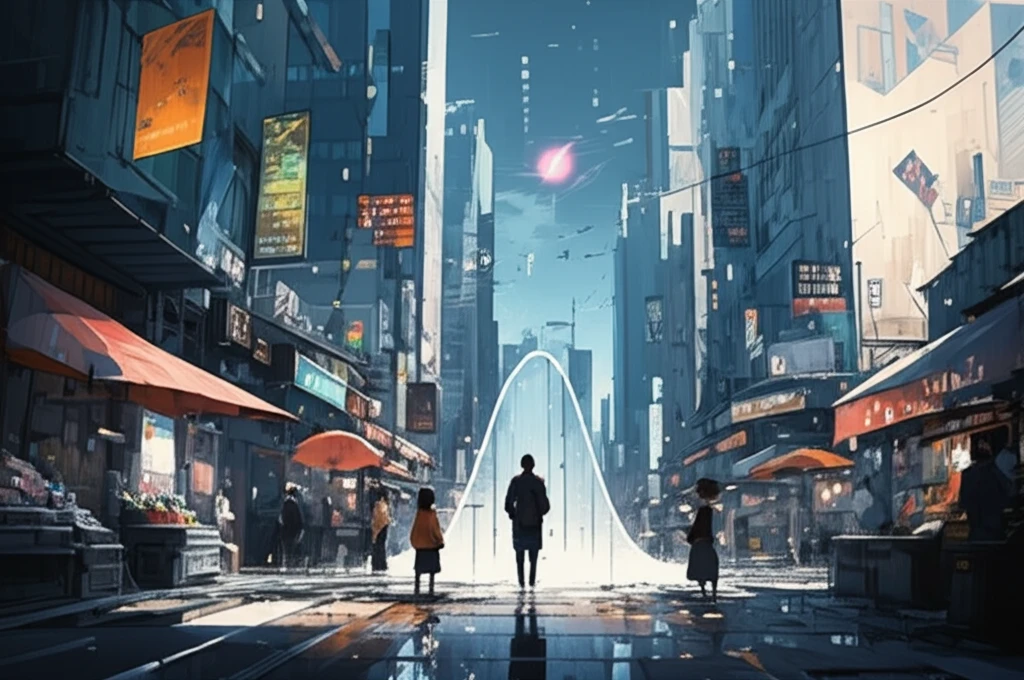 Chaotic marketplace with Gaussian curve attempting to capture economic data.