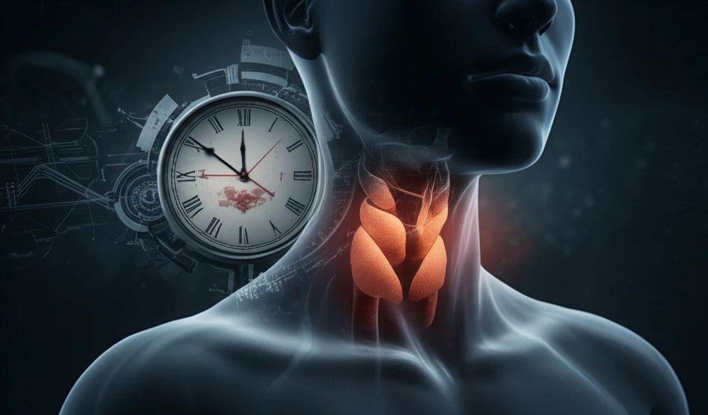 Clock intertwined with the human larynx, symbolizing the urgency of time in laryngeal cancer treatment.