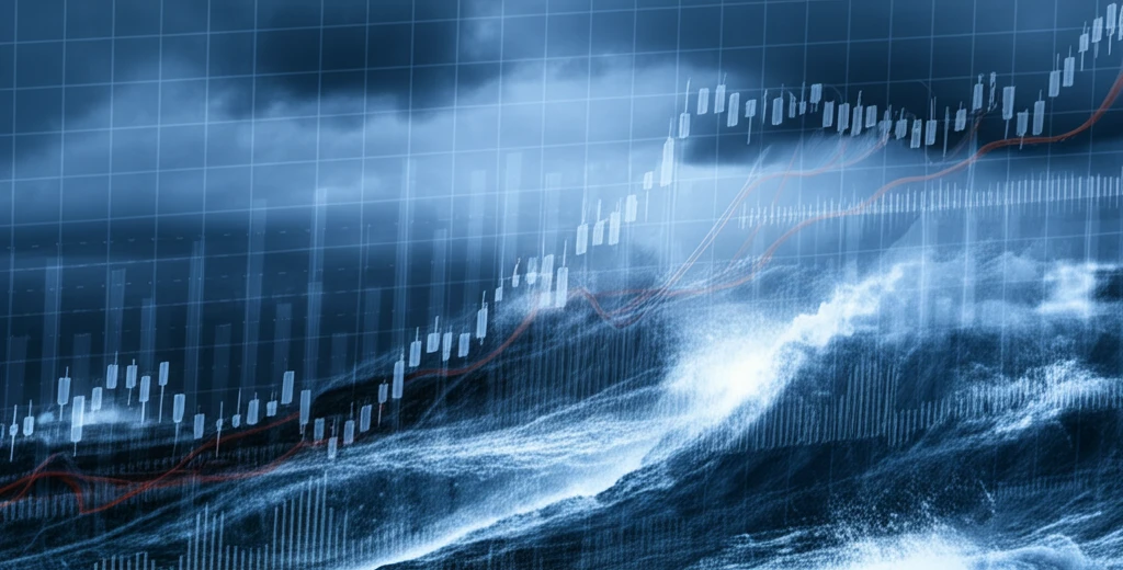 Surreal illustration of stock market charts amidst a stormy sea, representing market volatility and the rough Heston model's role in navigating financial turbulence.