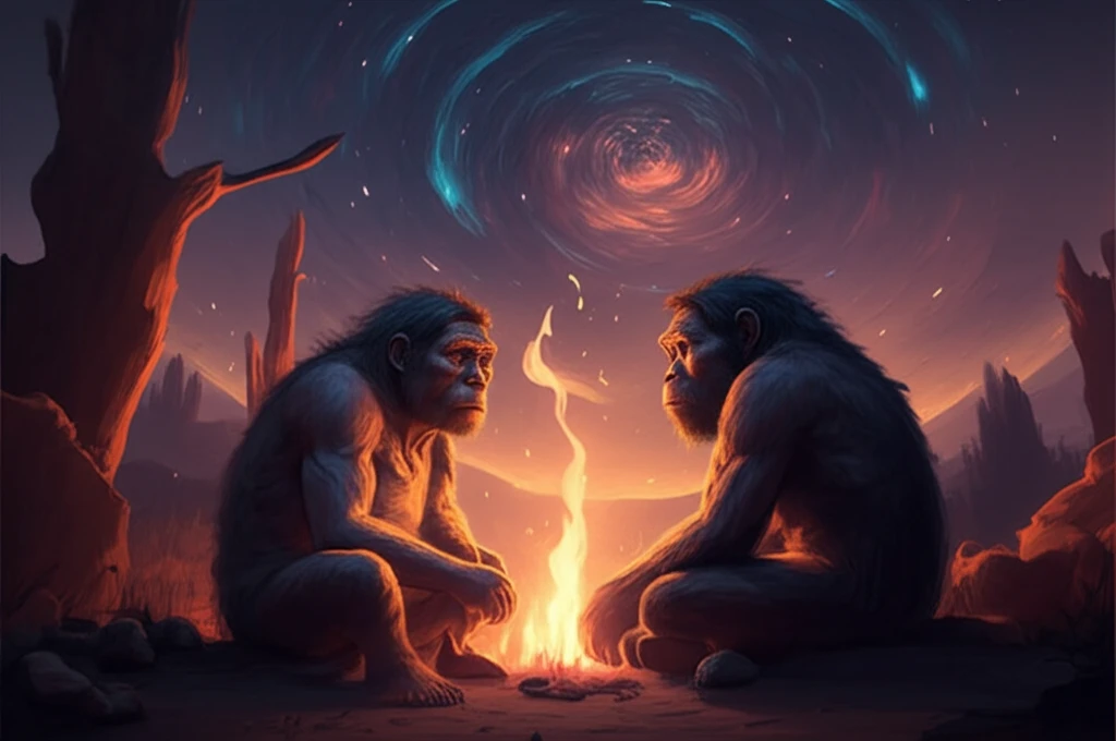 Ancient hominids sharing stories around a fire, under a starry sky.