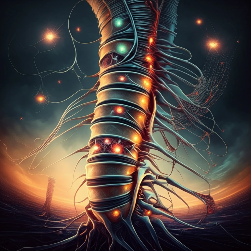 Digital illustration of a spinal cord transforming into a complex city skyline, symbolizing the intricate neural pathways of locomotion.