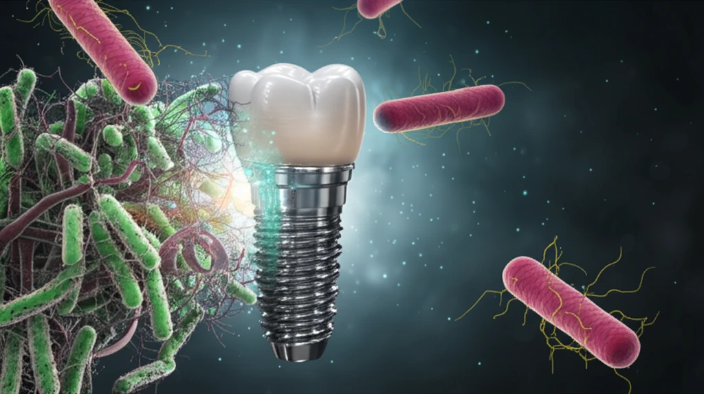 Dental implant protected by a peptide barrier, preventing bacteria adhesion.