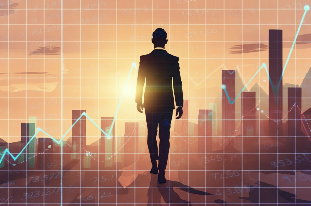 Person confidently walking towards a sunset over a landscape of financial charts, symbolizing secure retirement.