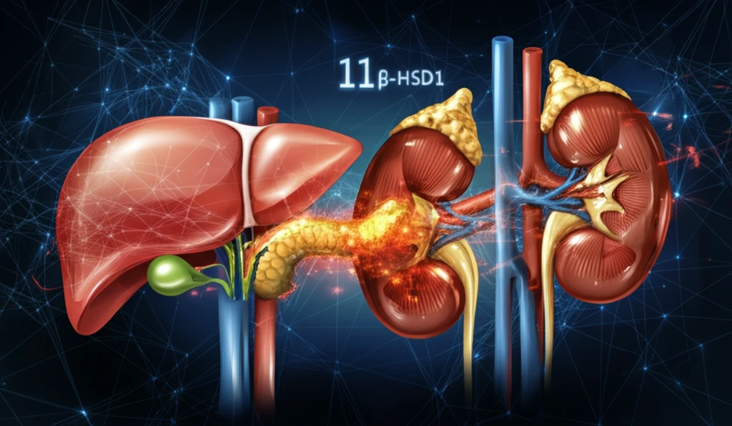 Surreal illustration of metabolic syndrome with interconnected organs and 11β-HSD1 symbol.