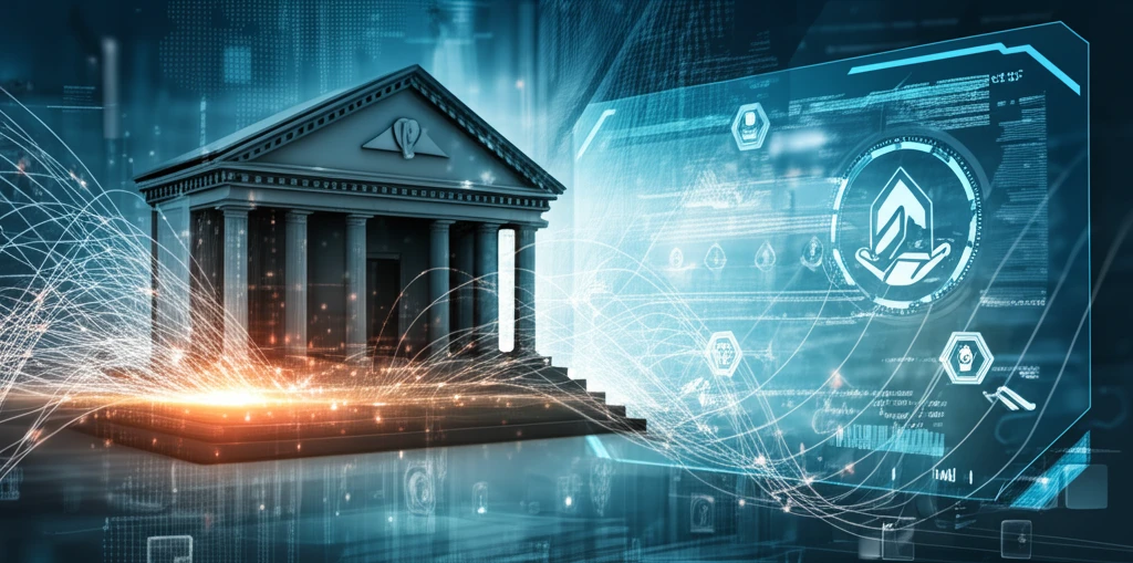 Traditional bank transforming into a digital interface with fintech icons.