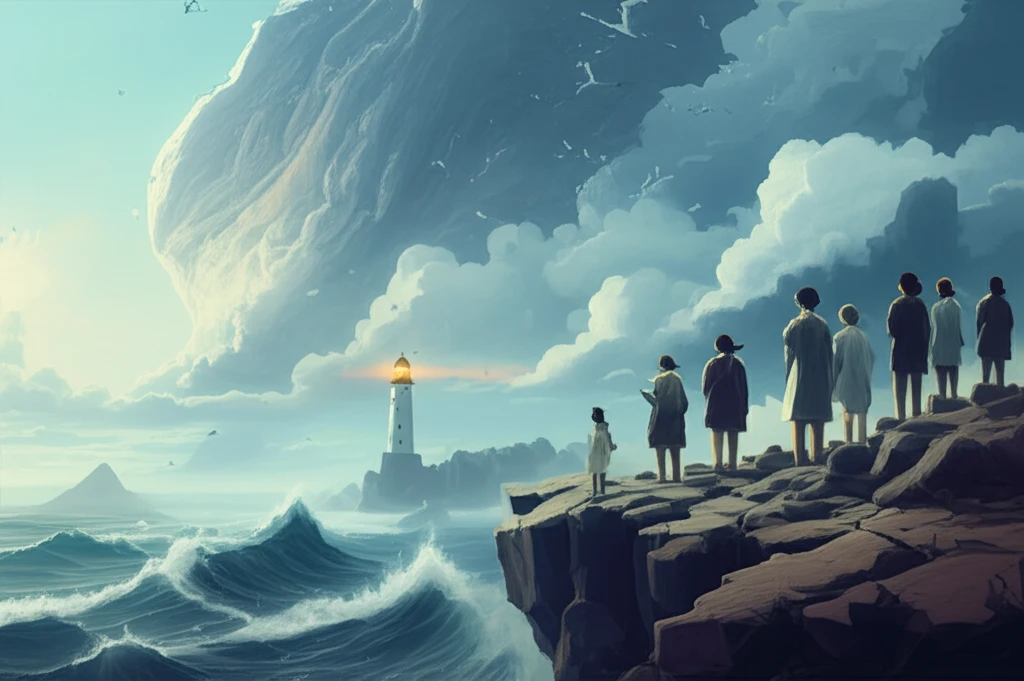 Women standing on cliff overlooking stormy sea