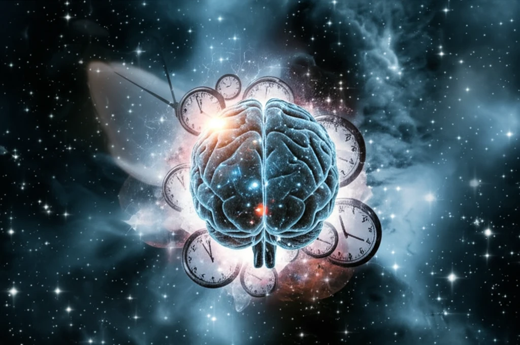 Brain with clocks and stars, symbolizing sleep and time in Parkinson's disease.
