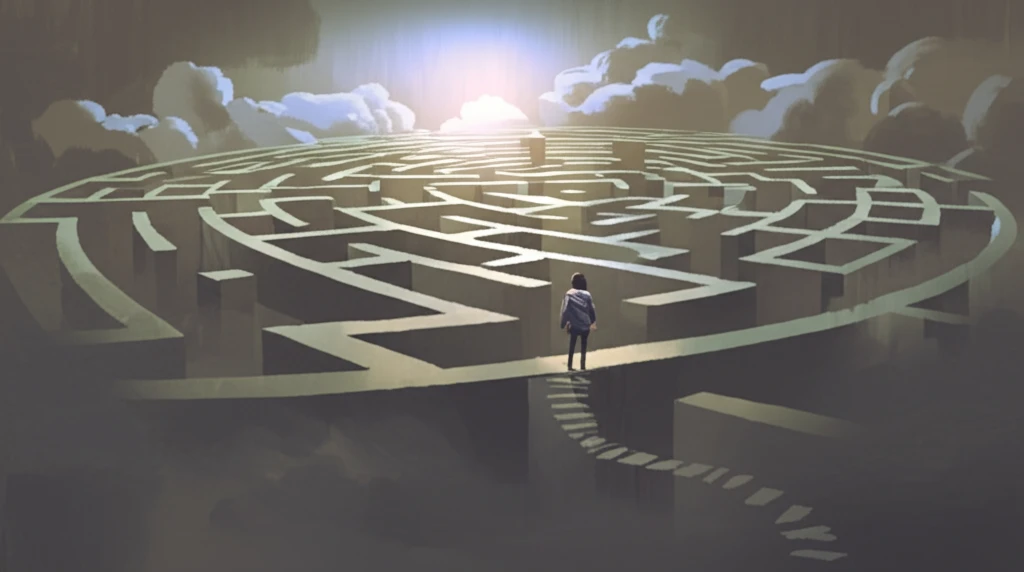 Person navigating a shifting maze representing uncertainty