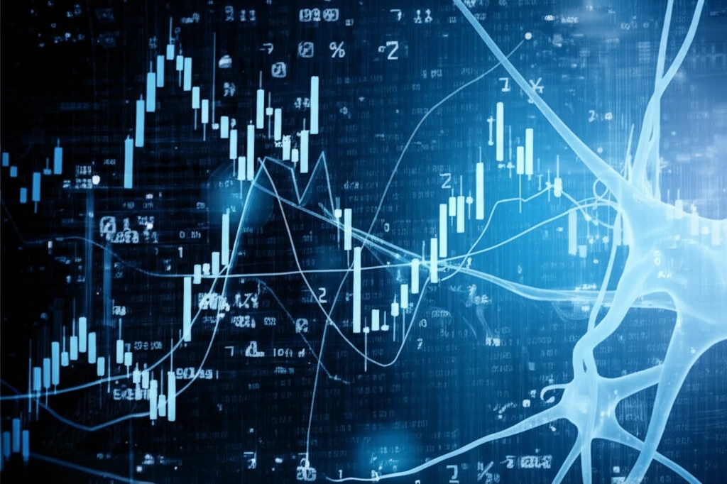 Neural network analyzing stock market chart, symbolizing reinforcement learning in investment.