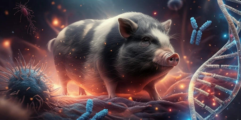 A Göttingen minipig surrounded by glowing DNA and symbols of the human immune system.