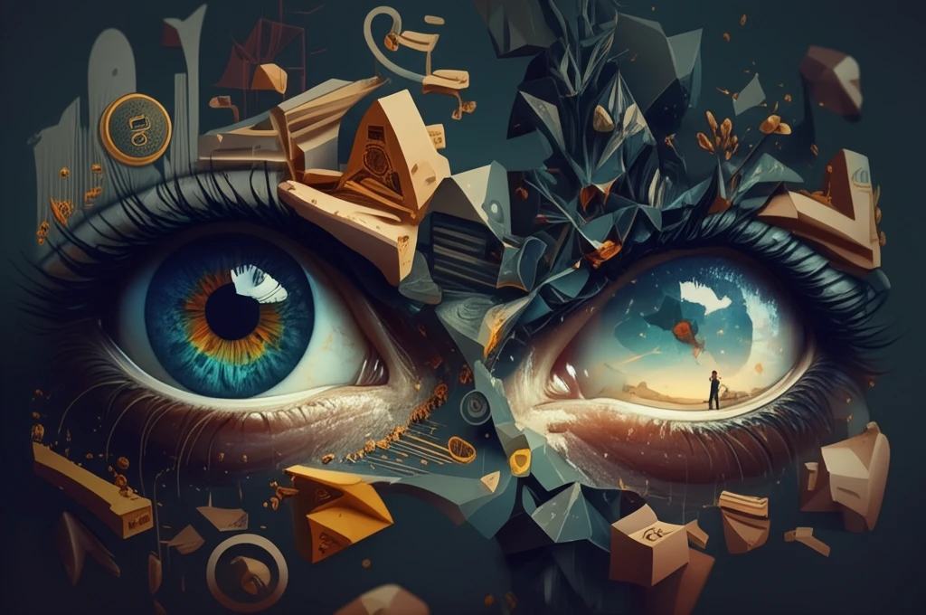 Surreal illustration of eyes perceiving 2D and 3D realities.