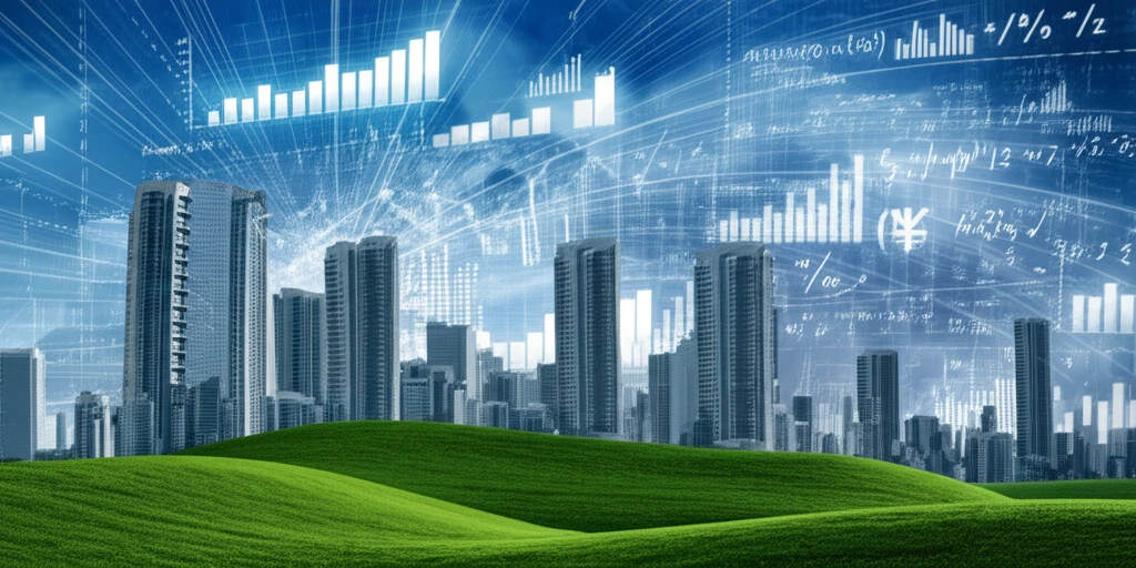 Surreal financial landscape built from equations and data.