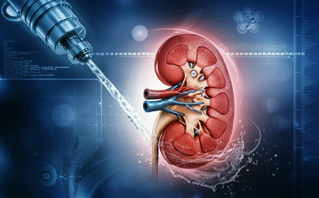 Illustration of a precise water jet dissecting kidney tissue, symbolizing minimal damage in kidney surgery.