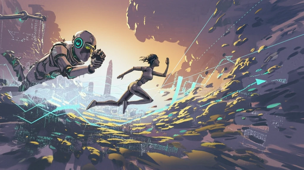Woman racing against a robot, symbolizing the changing dynamics of work and wages in the digital age.