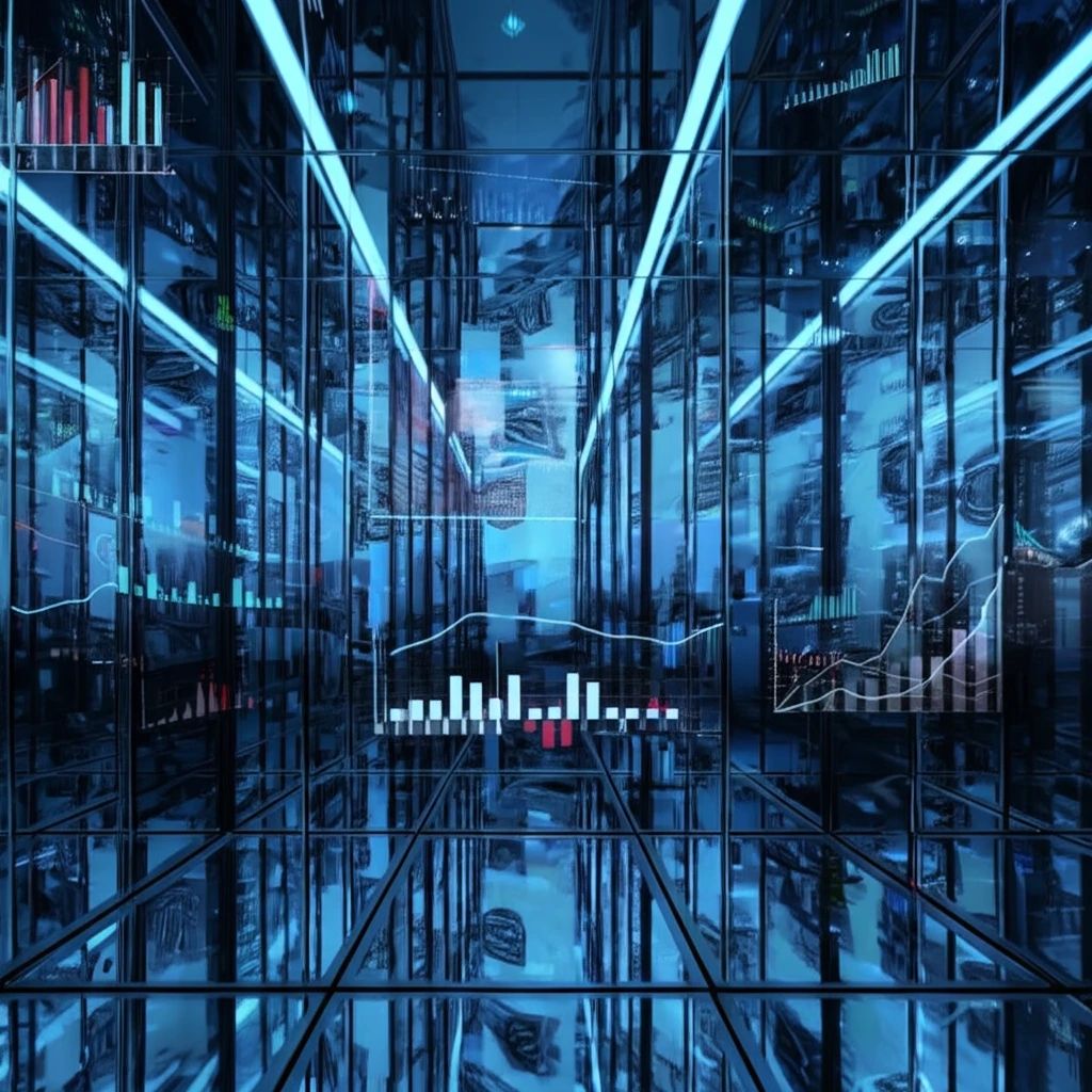 Hall of mirrors reflecting financial data, symbolizing market reflexivity.