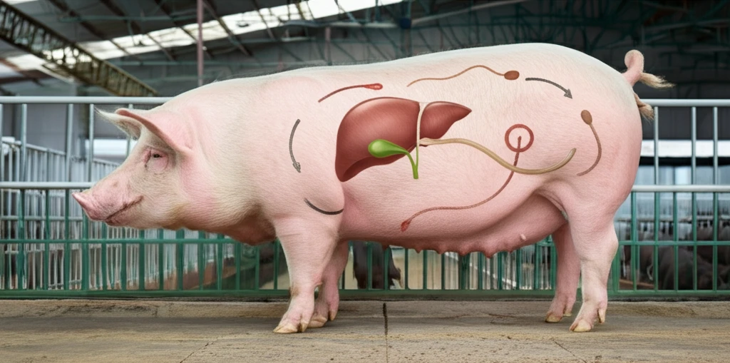 Illustration of Ascaris suum life cycle in pigs, affecting liver and other organs
