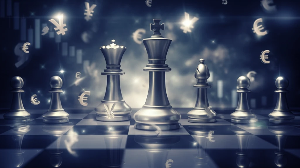 Strategic chess game with financial symbols on a fluctuating stock market board.