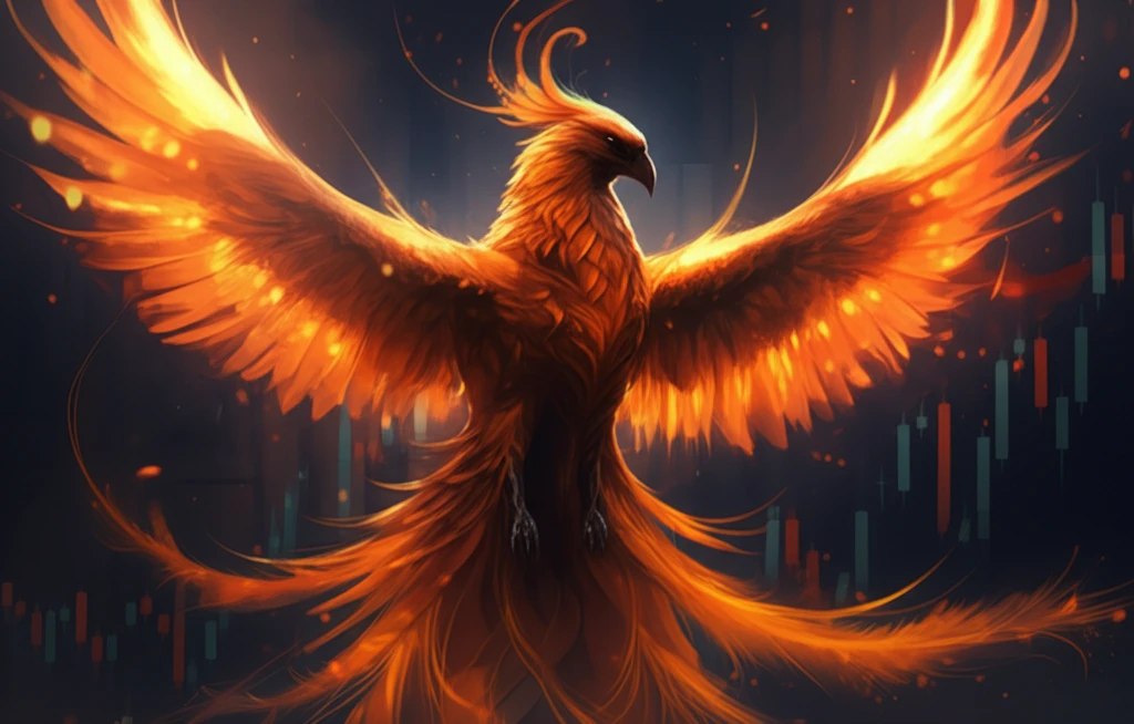 Phoenix rising from stock market graph representing antifragility