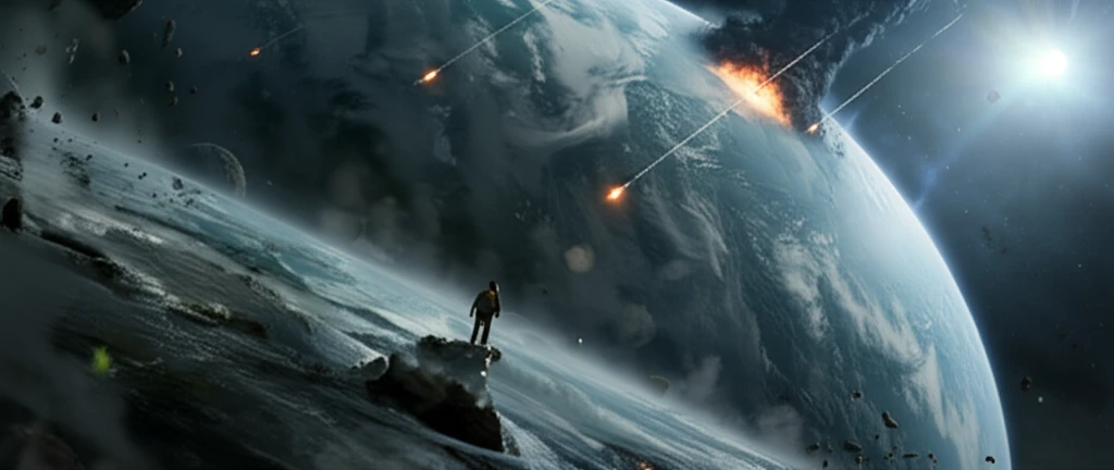 Illustration of early Earth with meteor impacts and microbial life.