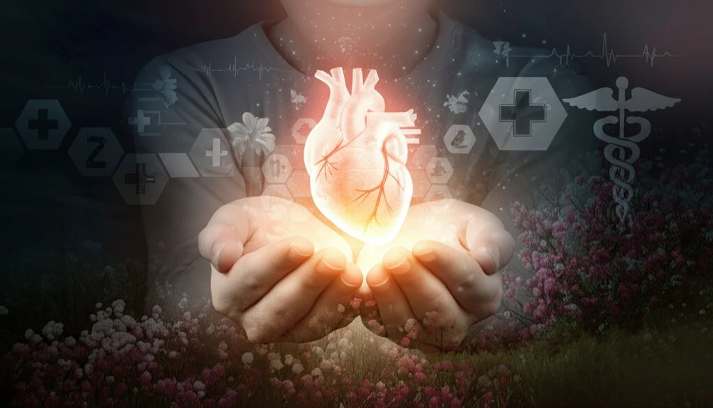 Illustration of a heart transplant, child, hope, and healing.