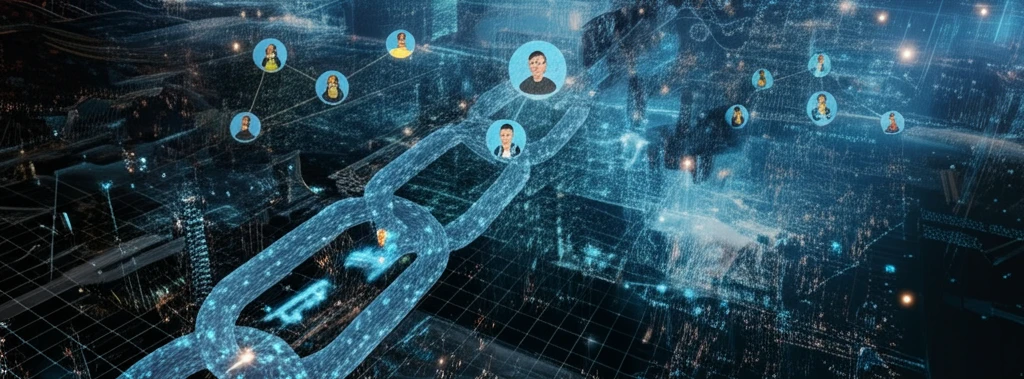 Decentralized finance illustration showing interconnected blockchain networks and user interactions.