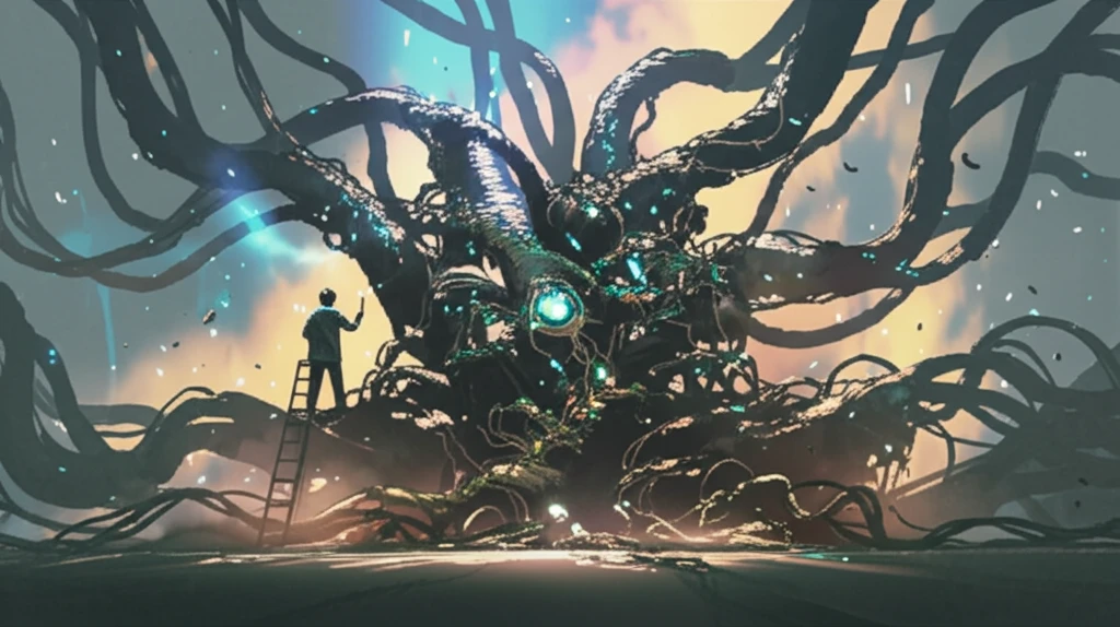 A gardener prunes a neural network, symbolizing AI optimization.