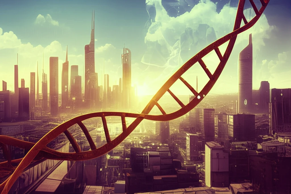 DNA strand intertwining with a cityscape