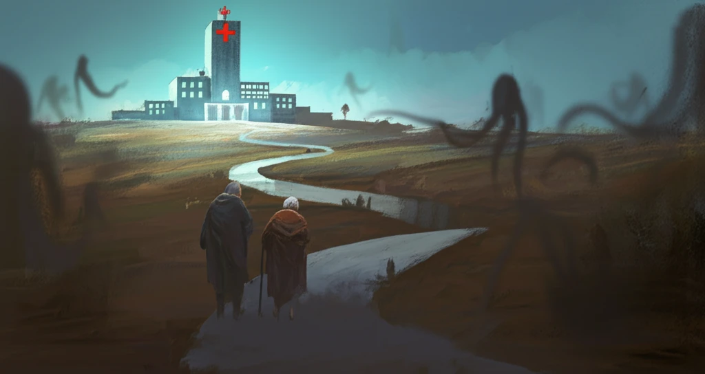 Symbolic illustration of elderly patients seeking treatment at a hospital, representing the fight against candidiasis.
