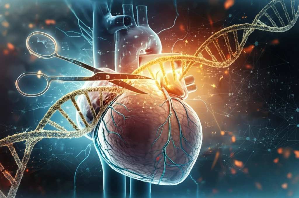 CRISPR-Cas9 repairing a mutated gene within a heart.