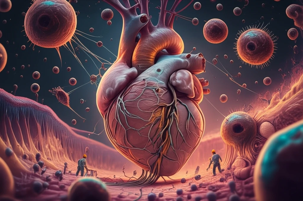 Illustration of heart remodeling process after a heart attack, showing cellular repair and rebuilding.