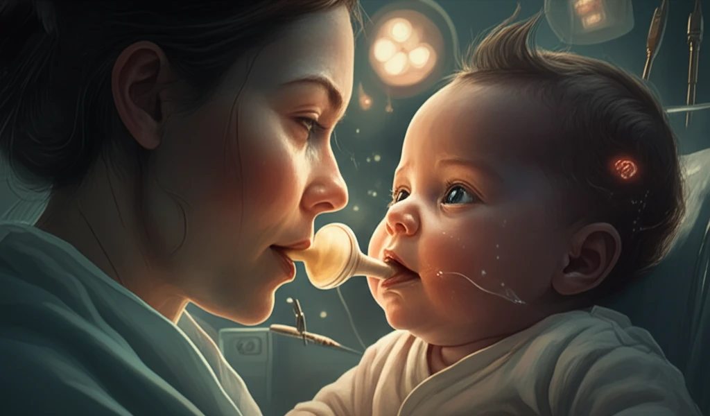 Surreal illustration of a baby's glowing mouth, symbolizing speech and feeding ability, with a backdrop of medical tools and parental figures.