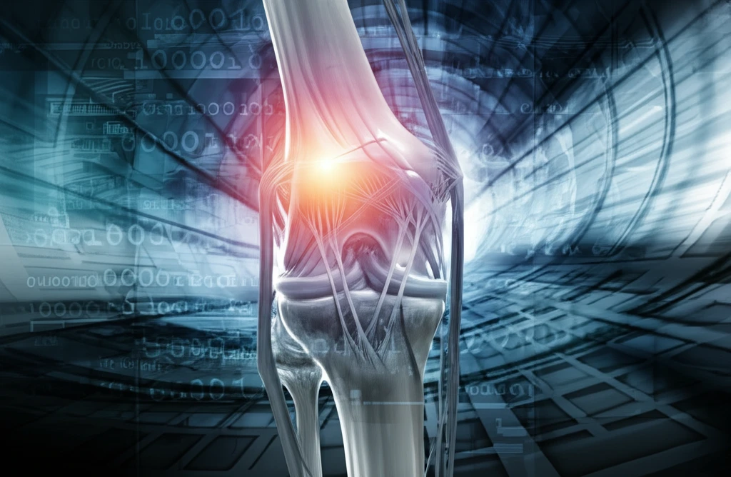 Digital illustration of knee joint with ACL and PLC tunnels visualized.