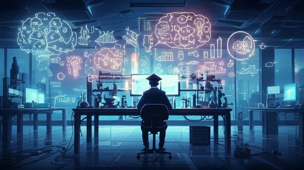 A graduate student immersed in a lab setting, surrounded by symbols of critical thinking and philosophical concepts.