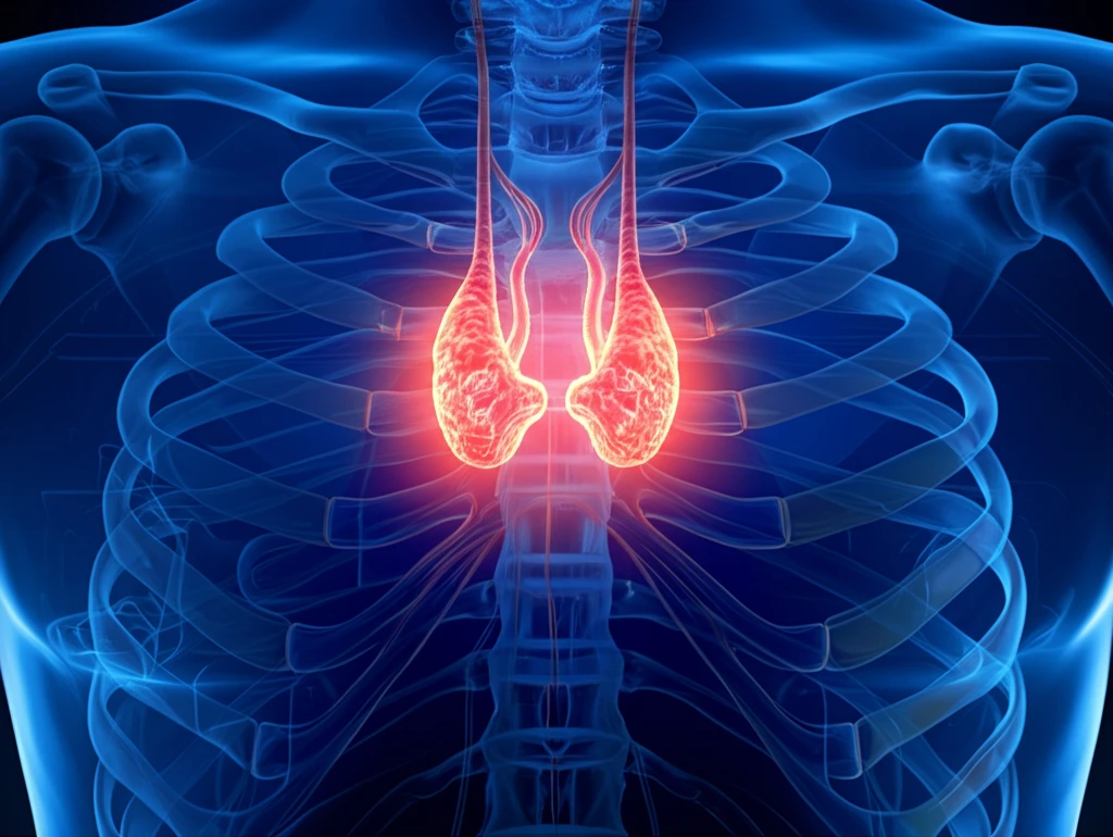 Fragile bone structure with hidden parathyroid gland, symbolizing hyperparathyroidism.