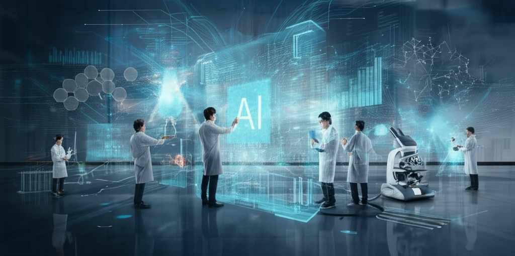 Diverse scientists collaborating around a holographic AI interface.