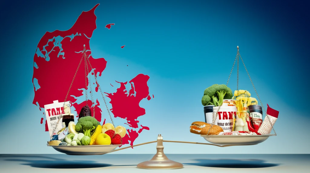 A digital illustration symbolizing the challenges of balancing public health goals with consumer behavior in the context of Denmark's fat tax.