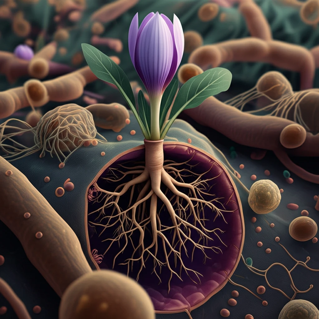 Surreal illustration of Colchicum pusillum impacting colon cancer cells.