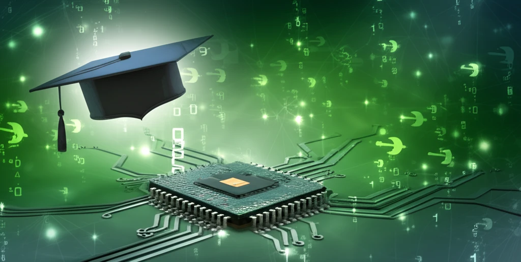 Graduation cap transforming into circuit board.