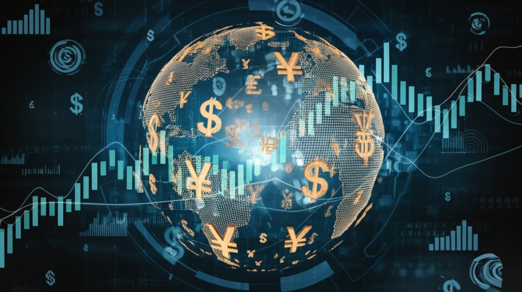 Global finance illustrated with interconnected currency symbols and abstract charts.