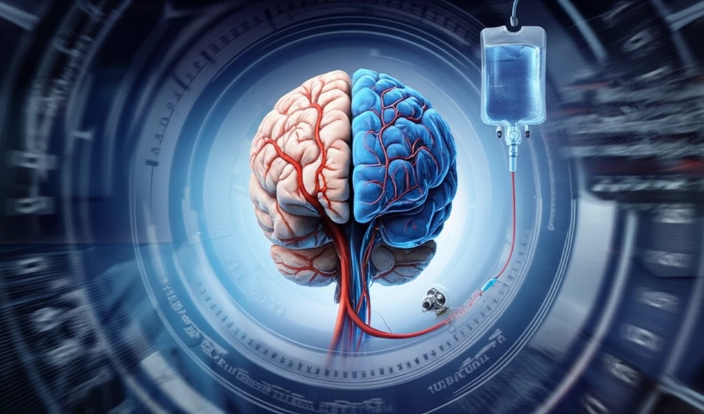 Brain with arterial system undergoing thrombolysis and endovascular therapy.
