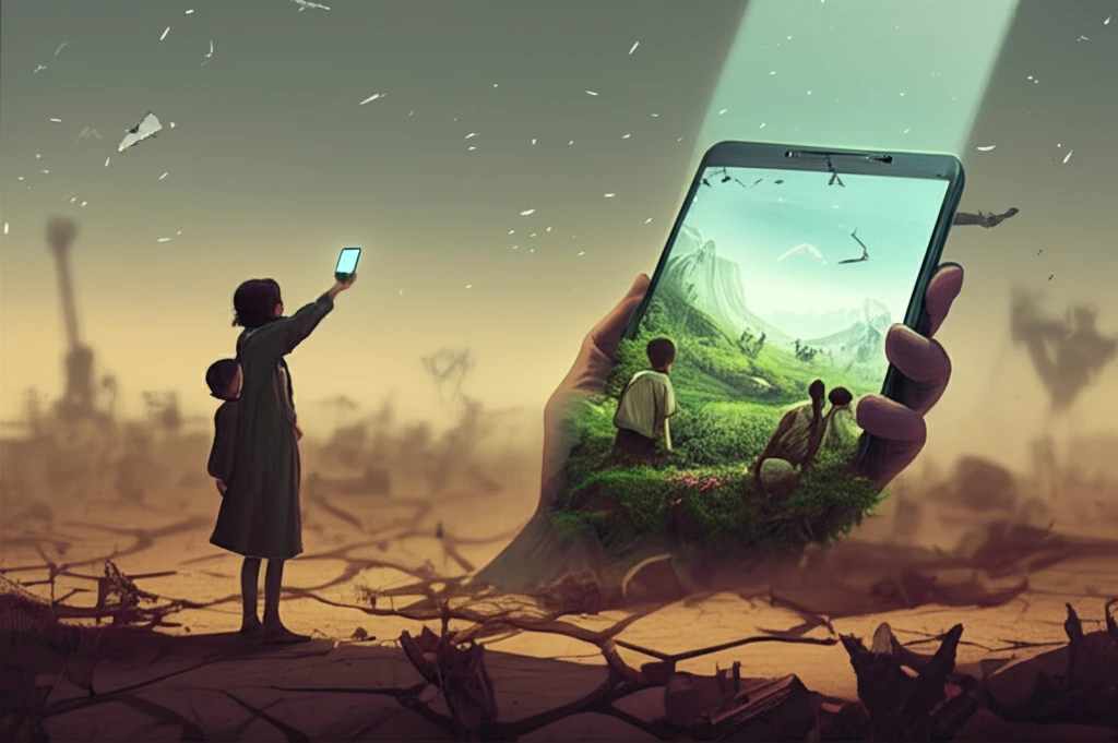 A smartphone transforming a war-torn landscape into an oasis, symbolizing digital aid.